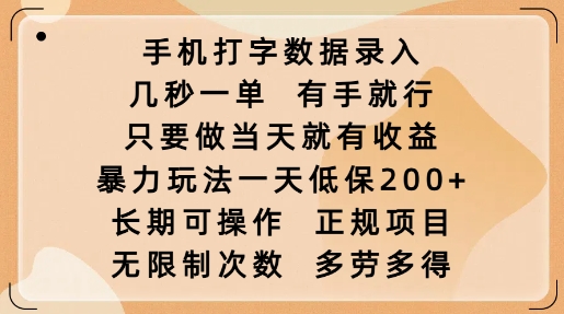 手机打字数据录入，几秒一单，有手就行，只要做当天就有收益，暴力玩法一天低保2张-知行创·网创