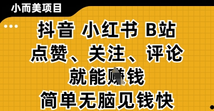 小而美的项目，抖音小红书B站视频点赞、关注、评论就能挣钱，简单无脑立见收益，妥妥的零撸项目【揭秘】-知行创·网创