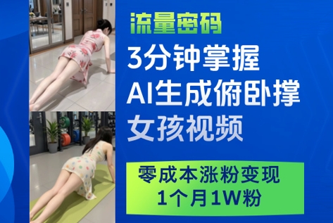 3分钟掌握AI生成俯卧撑女孩视频，零成本涨粉变现，1个月1W粉-知行创·网创