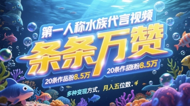 第一人称水族代言视频，条条万赞，20条作品涨粉7.8W，多种变现方式月入五位数-知行创·网创