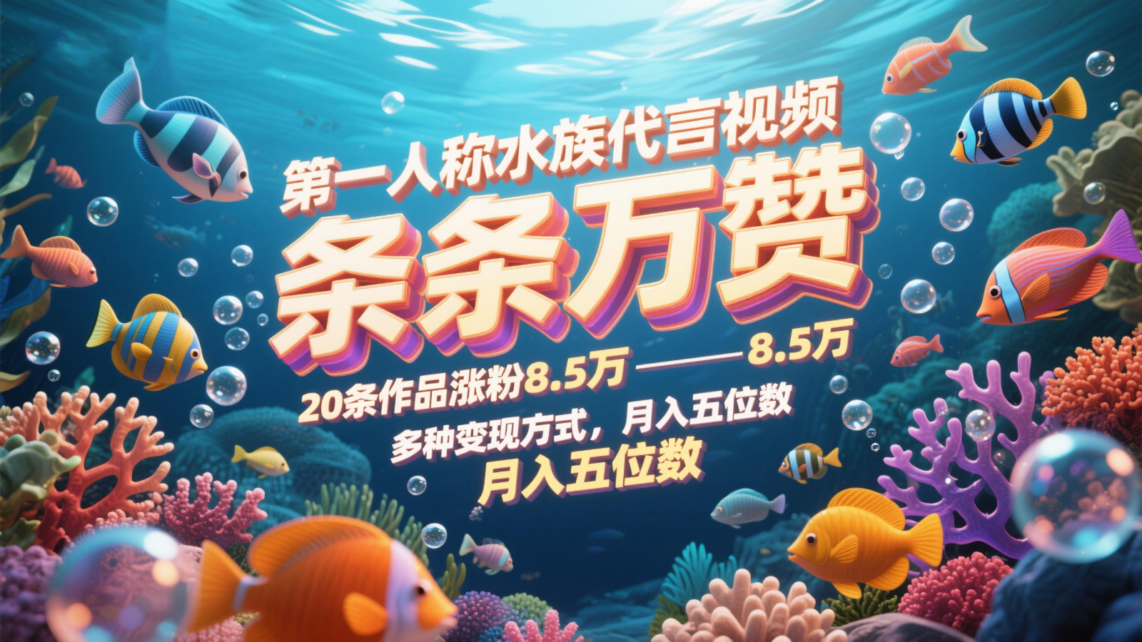 第一人称水族代言视频，条条万赞，20条作品涨粉8.5万，多种变现方式月，入五位数-福缘网-知行创·网创