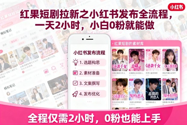 红果短剧拉新之小红书发布全流程，一天2小时，小白0粉就能做-知行创·网创