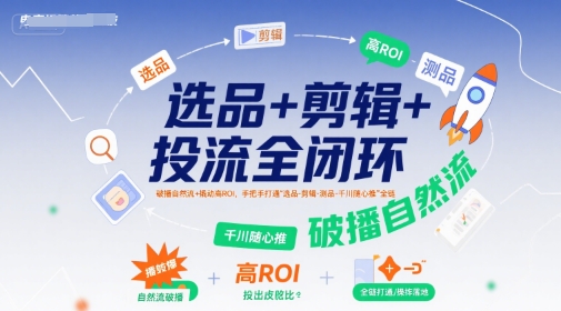 选品+剪辑+投流全闭环，破播自然流+撬动高ROI，手把手打通“选品-剪辑-测品-千川随心推”全链-知行创·网创