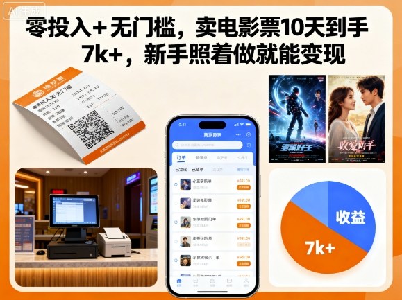 零投入+无门槛，卖电影票10天到手7k+，新手照着做就能变现【揭秘】-知行创·网创