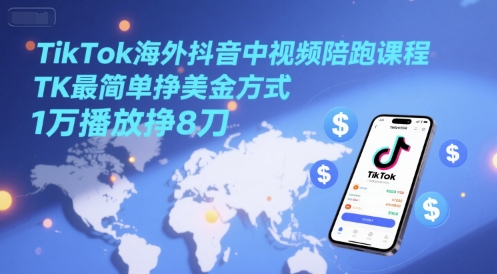 TikTok海外抖音中视频陪跑课程，TK最简单挣美金方式，1万播放挣8刀-知行创·网创