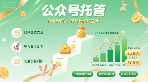 【公众号托管 】我提供文章，你发布，每天5分钟，单篇最高收益1k+【揭秘】-知行创·网创