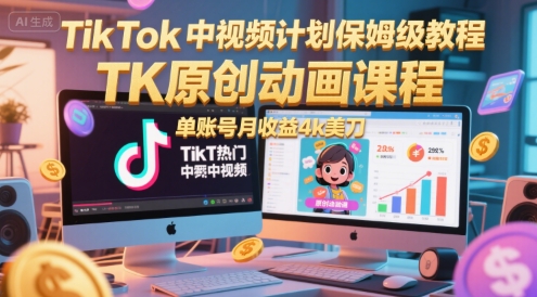 TikTok中视频计划保姆级教程，TK原创动画课程，单账号月收益4k美刀-知行创·网创