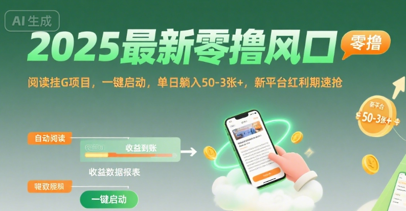 2025最新零撸风口，阅读挂G项目，一键启动，单日躺入 50-3张+，新平台红利期速抢【揭秘】-知行创·网创