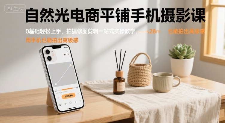 自然光电商平铺手机摄影课，0基础轻松上手，拍摄修图剪辑一站式实操教学，用手机也能拍出高级感-知行创·网创