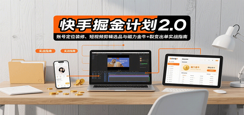 快手掘金计划2.0，账号定位装修、短视频剪辑选品与磁力金牛+裂变出单实战指南-知行创·网创