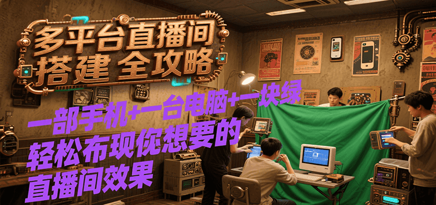 多平台直播间搭建全攻略，一部手机+一台电脑+一块绿布轻松实现你想要的直播间效果-知行创·网创