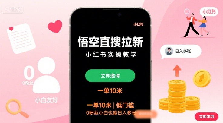 悟空直搜拉新小红书实操教学，一单10米，低门槛，0粉丝小白也能日入多张-知行创·网创