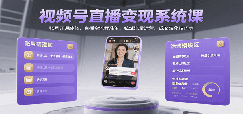 视频号直播变现系统课，账号开通装修、直播全流程准备、私域流量运营、成交转化技巧等-知行创·网创
