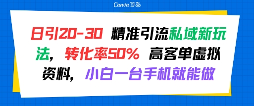 日引 20-30 精准引流私域新玩法，转化率50% 高客单虚拟资料，小白一台手机就能做-知行创·网创
