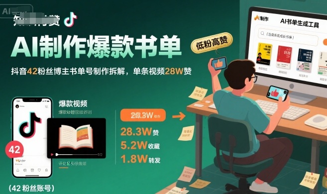 AI制作爆款书单，抖音42粉丝博主书单号制作拆解，单条视频28W赞-知行创·网创