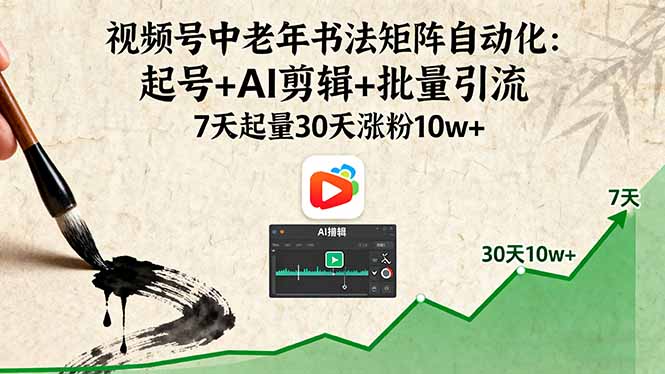 视频号中老年书法矩阵自动化：起号+AI剪辑+批量引流 7天起量30天涨粉10w+-知行创·网创