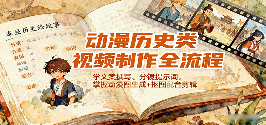 动漫历史类视频制作全流程，学文案撰写、分镜提示词，掌握动漫图生成+抠图配音剪辑-知行创·网创