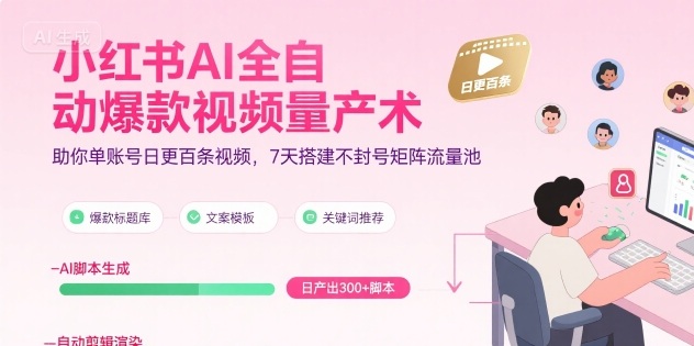小红书AI全自动爆款视频量产术，助你单账号日更百条视频，7天搭建不封号矩阵流量池(更新8月)-知行创·网创