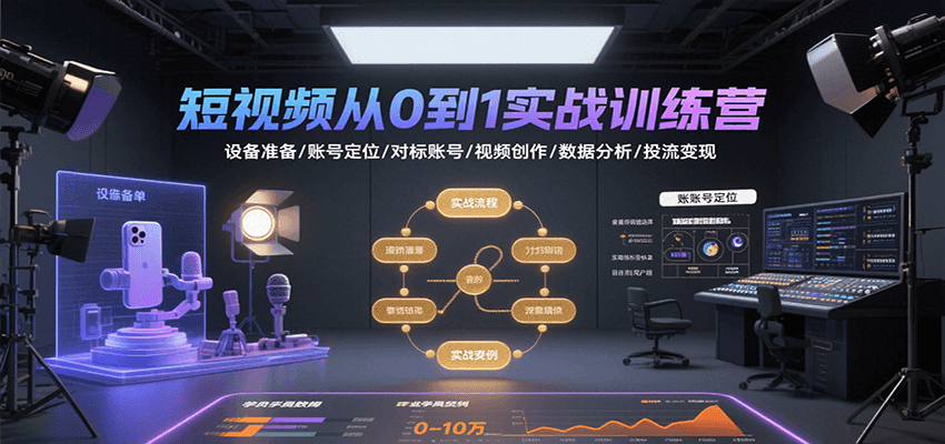 短视频从0到1实战训练营：设备准备/账号定位/对标账号/视频创作/数据分析/投流变现-知行创·网创