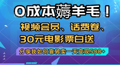 0成本薅羊毛!视频会员、话费卷、30元电影票白送，分享我如何靠转卖一天变现5张+【揭秘】-知行创·网创