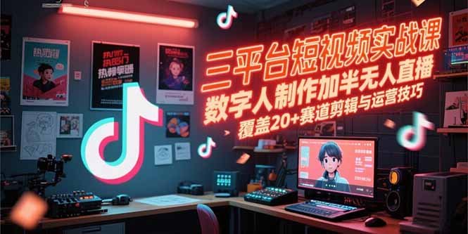 三平台短视频实战课，数字人制作加半无人直播，覆盖20+赛道剪辑与运营技巧-知行创·网创