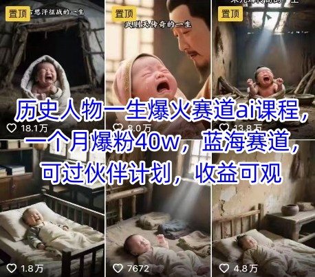 历史人物一生爆火赛道ai课程，一个月爆粉40w，蓝海赛道，可过伙伴计划，收益可观-知行创·网创