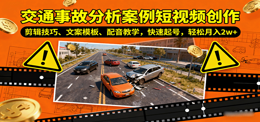 交通事故分析案例短视频创作，剪辑技巧、文案模板、配音教学，快速起号，轻松月入2w+-知行创·网创