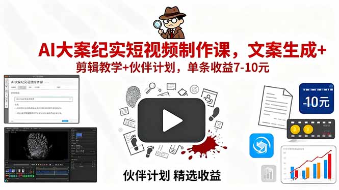 AI大案纪实短视频制作课，文案生成+剪辑教学+伙伴计划，单条收益7-10元-知行创·网创
