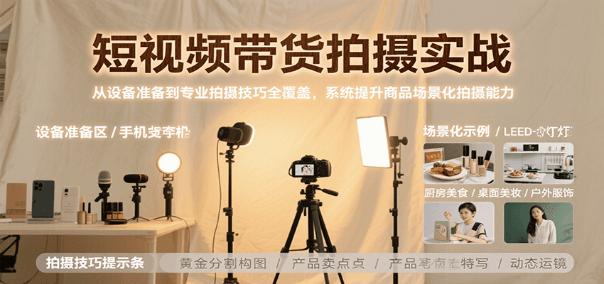 短视频带货拍摄实战，从设备准备到专业拍摄技巧全覆盖，系统提升商品场景化拍摄能力-知行创·网创