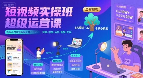 短视频实操班超级运营课，新手小白到短视频大神必修课程，剪辑-拍摄-运营-直播-变现-知行创·网创