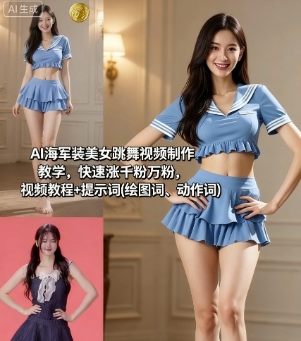 AI海军装美女跳舞视频制作教学，快速涨千粉万粉，视频教程+提示词(绘图词、动作词)-知行创·网创